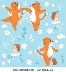 Little kitten, cute cat, spring, flowers, summer, seamless background, pattern, cats dancing, love, March, fun, interesting, dream, ginger cat, girl, background, pattern, background image, print 