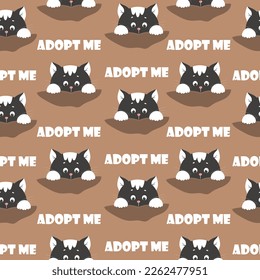 Little kitten face and front paws, cute animals seamless pattern. Vector illustration. Adopt me banner.