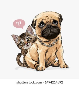 little kitten hiding behind pug dog illustration