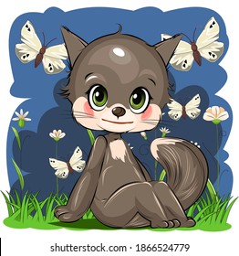 Little Kitten. Kitty cub. Cute funny animal on the background of a summer blooming meadow. Child. Cartoon style. Isolated on white. vector