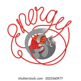 Little kitten lies on the back and hold in own paws yarn ball. Сat plays with a ball of red wool, the word energy is formed from the woolen thread.