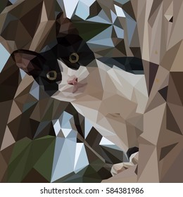Little kitten looks down from the branches of a tree. Stylised of geometric shapes.