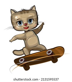 Little Kitten on skateboard. Cartoon style. Childrens urban sports. Cute baby skater rides on board. Skate for children. Isolated object on white background. Vector.