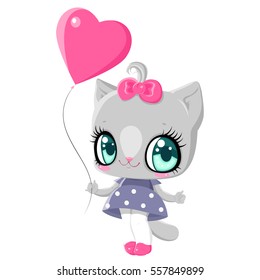 Little kitten with a pink balloon in the shape of a heart. Children character