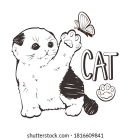 Little kitten playing with butterflies crafts design. Black and white style tattoo. Use for decoration, sticker, logo, wall decor, pattern and more.