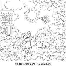 Little kitten playing with a flittering butterfly on a pretty lawn by a small village house on a sunny summer day, black and white vector cartoon illustration for a coloring book page