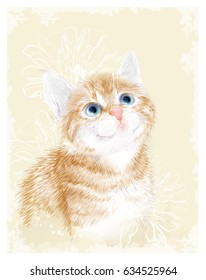 Little kitten the red marble coloring with flowers.  Ginger fluffy kitten. Portrait oh the cat.  Spring illustration.