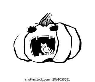 Little kitten is scared in a pumpkin for Halloween. Character in cartoon style. Illustration in the style of contour graphics. Eve of all saints day