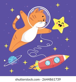 Little kitten in space, kitten flies, funny star, friends, astronauts, space adventure, fun, interesting, stars, planets, zero gravity, rocket, fantasy, galaxy, dream, ginger cat, boy, picture for boy
