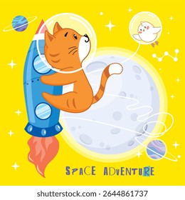 Little kitten in space, kitten flies on a rocket, chicken in space, astronauts, space adventure, fun, interesting, stars, planets, moon, zero gravity, rocket, fantasy, galaxy, dream, ginger cat, boy