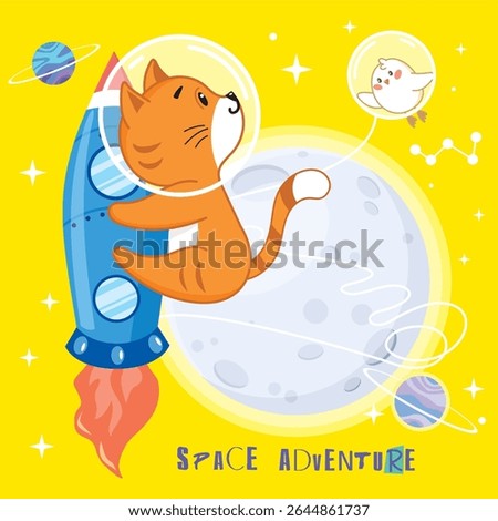 Little kitten in space, kitten flies on a rocket, chicken in space, astronauts, space adventure, fun, interesting, stars, planets, moon, zero gravity, rocket, fantasy, galaxy, dream, ginger cat, boy