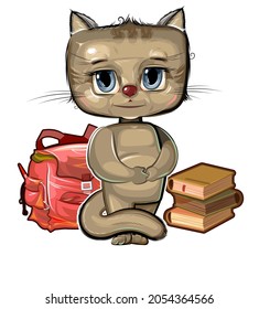 Little Kitten wants to go to school. Backpack and books. A cute baby animal dreams of learning. Picture in cartoon style. Isolated over white background. Vector.