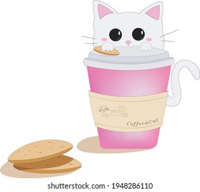 little kitten who eats biscuits with chocolate chips and drinks coffee from a glass