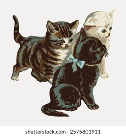 Little kittens, vintage pet animal illustration, vintage vector element. Vintage cat pet animal illustration. Vintage cute cat, domestic animal art drawing illustration, old painting art print of pet.