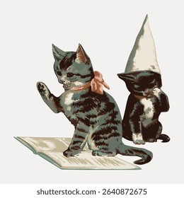 Little kittens, vintage pet animal illustration, vector element. 