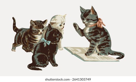 Little kittens, vintage pet animal illustration, vintage vector element. 