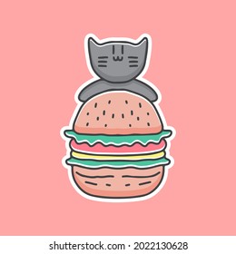 little kitty with burger cartoon, illustration for stickers and t-shirt.