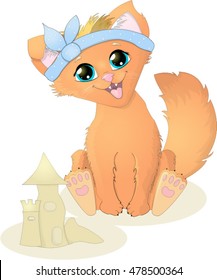 Little kitty cat on the beach, vector child illustration