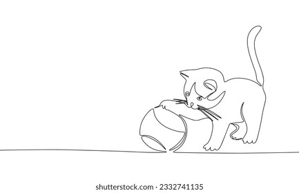 Little kitty play with ball. One line continuous pet banner concept. Line art, outline, minimal vector illustration.
