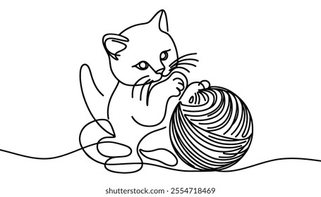 Little kitty play with ball. One line continuous pet banner concept. Line art, outline, minimal vector illustration.