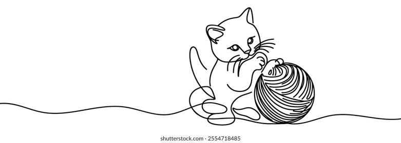 Little kitty play with ball. One line continuous pet banner concept. Line art, outline, minimal vector illustration.