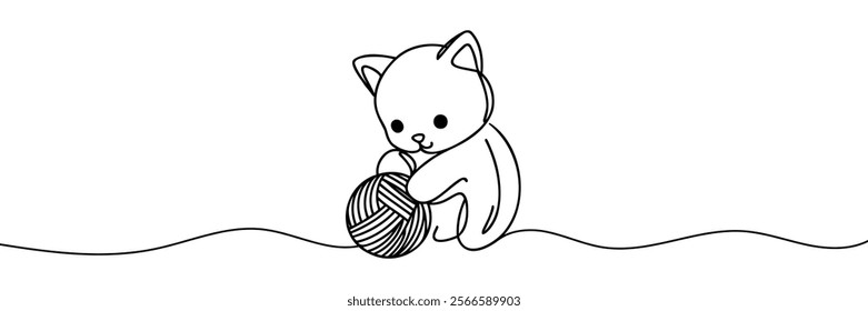 Little kitty play with ball. One line continuous pet banner concept. Line art, outline, minimal vector illustration