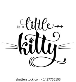 Little kitty quote. Baby shower hand drawn calligraphy style lettering phrase. Boho elements, whiskers, kitten foot print decor. Boy, girl card, poster, print, stiker, shirt design.