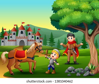 Little knight battling a horse to protect the prince