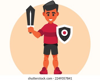 Little knight. Little boy playing knight with sword and shield. Vector graphics