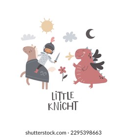 Little knight. cartoon knight, dragon, drawing lettering, decor elements. colorful vector illustration, flat style. design for cards, t-shirt print, poster