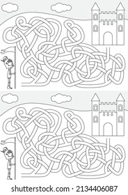 Little knight maze for kids with a solution in black and white