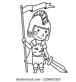 The little knight. Middle Ages. Coloring book Metal armor. Knight tournaments. Children in fairy costumes, isolated vector illustration.