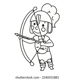 The little knight. Middle Ages. Coloring book Metal armor. Knight tournaments. Children in fairy costumes, isolated vector illustration.
