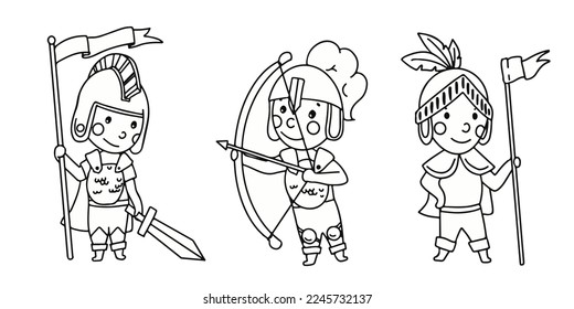 The little knight. Middle Ages. Coloring book Metal armor. Knight tournaments. Children in fairy costumes, isolated vector illustration.
