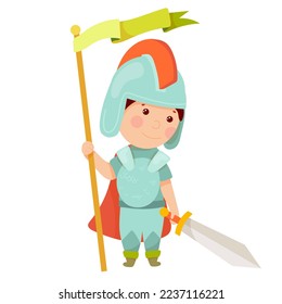 The little knight. Middle Ages. Metal armor. Knight tournaments. Children in fairy costumes, isolated vector illustration.