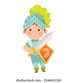The little knight. Middle Ages. Metal armor. Knight tournaments. Children in fairy costumes, isolated vector illustration.