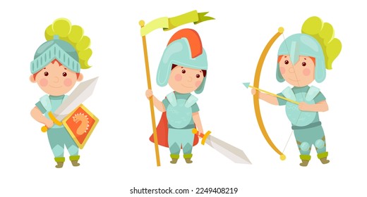 The little knight. Middle Ages. Metal armor. Knight tournaments. Children in fairy costumes, isolated vector illustration.