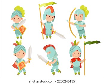 The little knight. Middle Ages. Metal armor. Knight tournaments. Children in fairy costumes, isolated vector illustration.