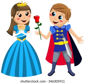 Little knight offering red rose to little princess isolated 