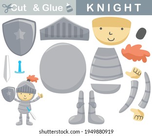 Little knight with sword raising hand while holding shield. Education paper game for children. Cutout and gluing. Vector cartoon illustration