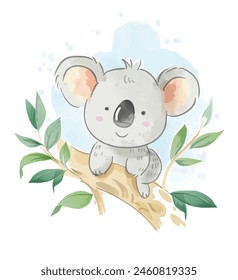 little koala bear on the tree cartoon illustration