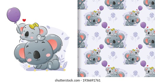 The little koala and the big koala holds the coloured balloons in the pattern set of illustration