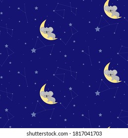 Little koala sleeping on the moon around stars childish pattern for textile,print, wrapping paper, baby shower vector illustration