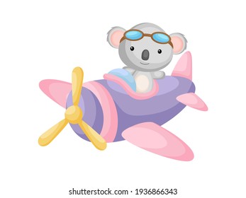 Little koala wearing aviator goggles flying an airplane. Funny baby character flying on plane for greeting card, baby shower, birthday invitation, house interior. Isolated cartoon vector illustration