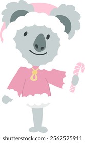 Little Koala wearing Winter Outfit Holding Candy Cane.Cartoon doodle