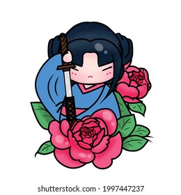 little kokeshi doll holding sword vector illustration