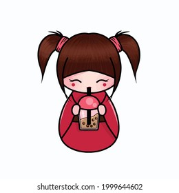 little kokeshi drinking boba vector illustration