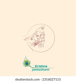 little krishna with cow line drawing for krishna janmashtami