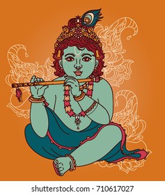 Little Krishna with the flute, can be used as greeting card for Krishna birthday, vector illustration