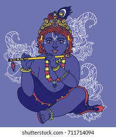 Little Krishna con la flauta, se puede usar como tarjeta de saludo para el cumpleaños Krishna, colores azules, ilustración vectorial